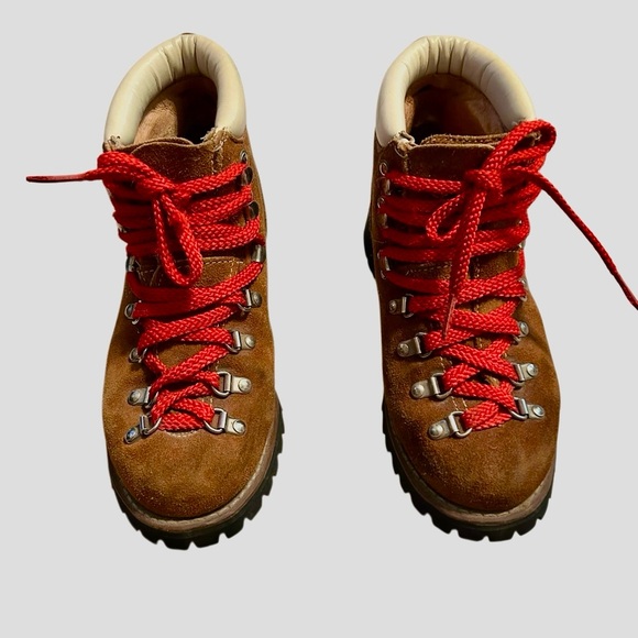 Brooks Vintage Vibram Mountain Hiking Boots Brown Suede Leather Red 5.5 7 - Picture 1 of 12